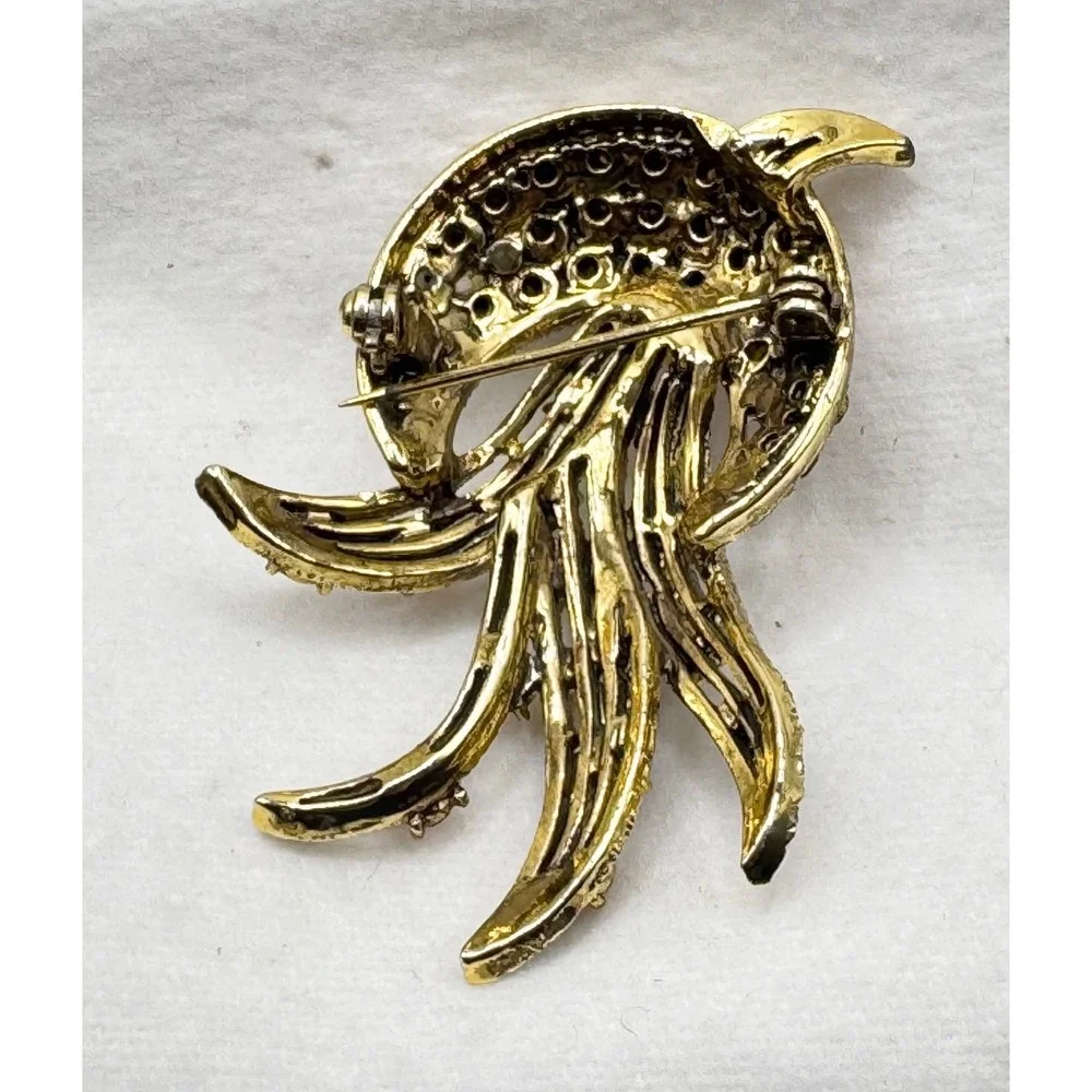 Vintage Gold Tone Amber Citrine Rhinestone Spray Brooch Pin Mid-Century‎ Style
